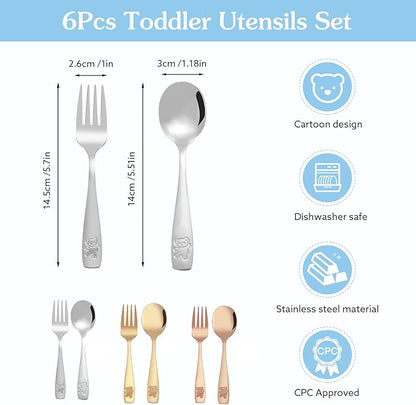 6 Piece Stainless Steel Kids Silverware Set,Toddler Utensils,Children Safe Food Grade Forks and Spoons,Mirror Polished, Dishwasher Safe