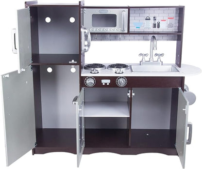 Kitchen Playset for Kids Ages 3-8, Wooden Pretend Play Kitchen with Realistic Sounds, Including Telephone, Ice Maker, Refrigerator, Dimensions: 35” H x 31” W x 12” D (Black)