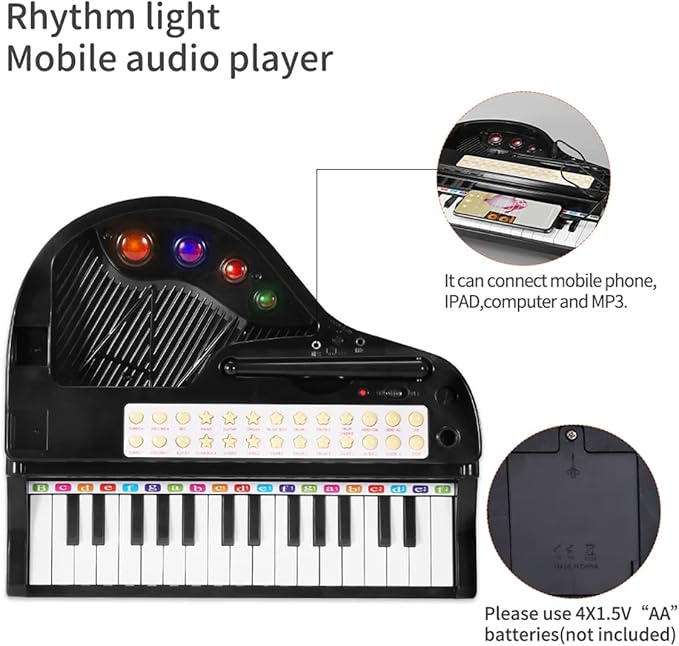 Losbenco Kids Piano Keyboard Toy, Toddler Electronic Musical Instrument Educational Toy with Microphone, Multiple Sounds, Record Playback, Lights & Stool, Birthday Gift for 3 4 5 6 7 Years Old Girls