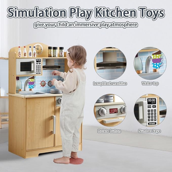 Play Kitchen for Kids, Wooden Toddlers Toy Kitchen Playset, Kitchen Cooking Set with Plenty of Play Features, Kitchen Pretend Play Set, Toys Kitchen with 13 Pcs Toy, Gift for Girls and Boys Ages 3+