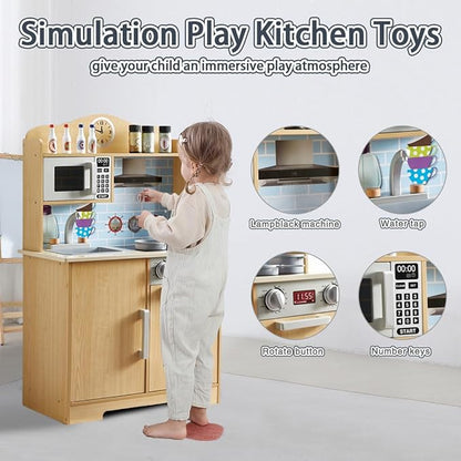 Play Kitchen for Kids, Wooden Toddlers Toy Kitchen Playset, Kitchen Cooking Set with Plenty of Play Features, Kitchen Pretend Play Set, Toys Kitchen with 13 Pcs Toy, Gift for Girls and Boys Ages 3+