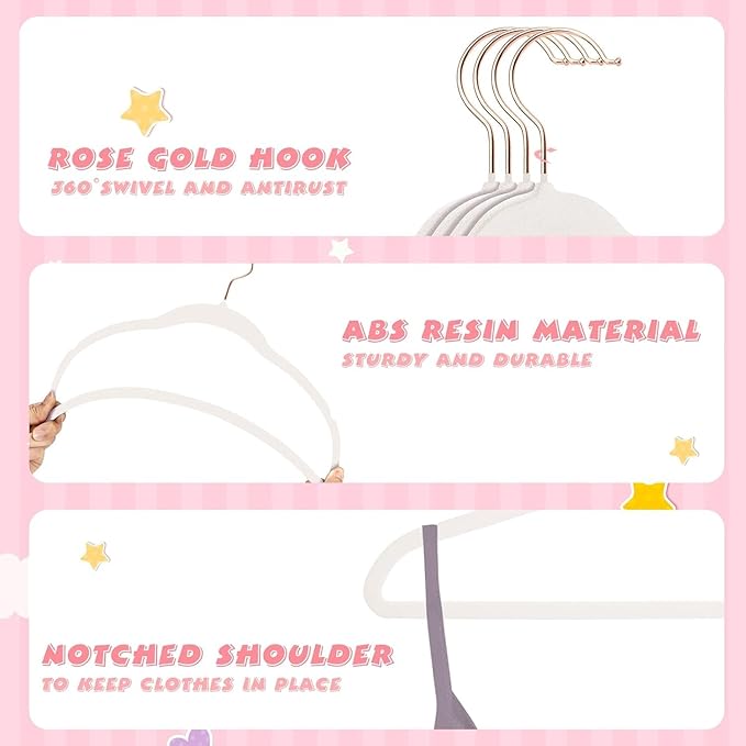 ManGotree Baby Velvet Hangers with 360° Swivel Rose Gold Hook, 10.95" Non-Slip Toddler Hangers, Ultra Thin Space Saving Infant Hangers for Kids Clothes, 15 Pack (White)