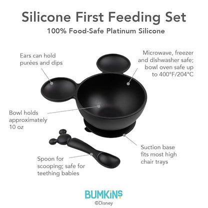 Bumkins Disney Baby Bowl, Silicone Feeding Set with Suction for Baby and Toddler, Includes Spoon, First Feeding Set, Essentials for Baby Led Weaning, Babies Eating 4 Months Up, Mickey Mouse Black