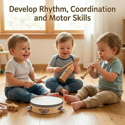 Stoie's Wooden Toddler Musical Instruments with Drum, Flute, Hand Bells, Cymbals, Castanets, Triangle, for Babies and Toddlers, Eco Friendly Montessori Educational Toy