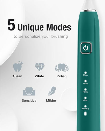 7AM2M Sonic Electric Toothbrush with 6 Brush Heads for Adults&Kids, One Charge for 120 Days, Wireless Fast Charge, 5 Modes, 40000VPM Powered Toothbrush, 2 Minutes Built in Smart Timer (Peacock Green)
