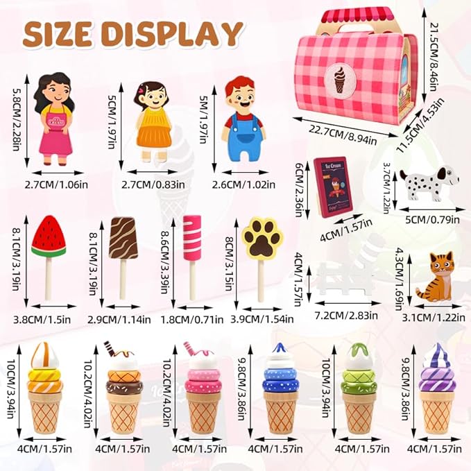 Migargle Wooden Ice Cream Shop Playset - Pretend Play Food & Kitchen Accessories for Kids Ages 3+, Portable Handbag Included, Ideal Christmas & Birthday Gifts for Girls and Boys