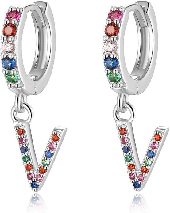 Presentski Initial Earrings 925 Sterling Silver Colorful Huggie Small Hoop Earrings Rainbow CZ Drop Dangle Simple Alphabet Earrings S925 Hypoallergenic Earring Letter A-Z for Daughter Women