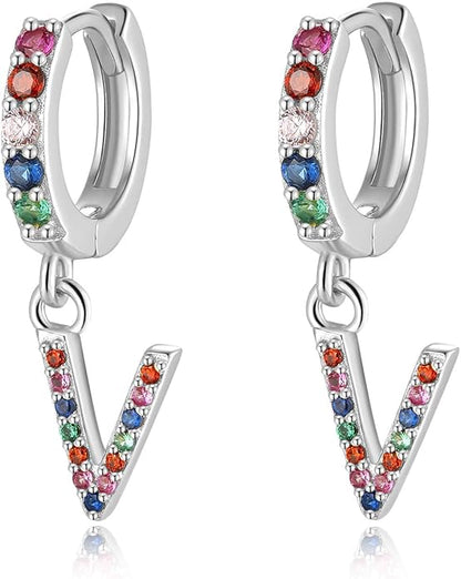 Presentski Initial Earrings 925 Sterling Silver Colorful Huggie Small Hoop Earrings Rainbow CZ Drop Dangle Simple Alphabet Earrings S925 Hypoallergenic Earring Letter A-Z for Daughter Women