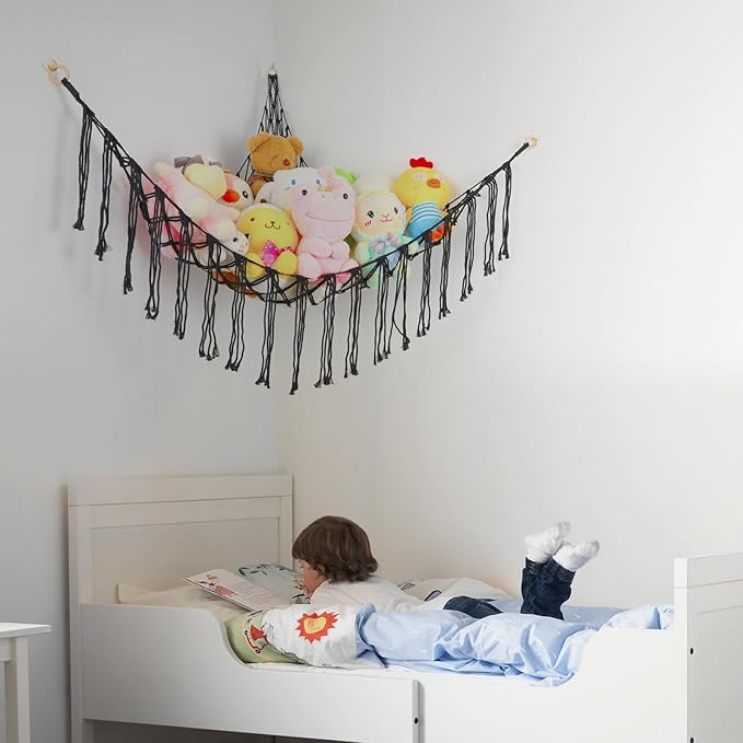 Boho Stuffed Animals Net or Hammock Large,55 inch Toy Hammock Macrame Stuff Animal Storage Corner Hanging Net Holder,Mesh Hammock Plush Toy Organizer with Hooks for Bedroom,Nursery (Black)