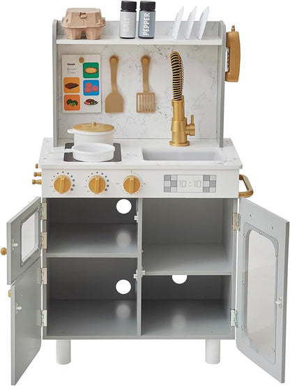 Teamson Kids Little Chef Memphis Small Wooden Play Kitchen with Interactive, Realistic Features, and 16 Kitchen Accessories - for 3yrs and up, Pretend Play House, Restaurant - Gray/Gold/Faux Marble