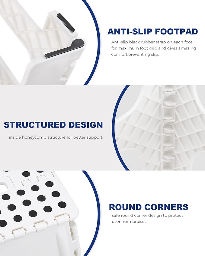 Acko Folding Step Stool Lightweight Plastic Step Stool - 11 inch Foldable Step Stool for Adults,Non Slip Folding Stools for Kitchen Bathroom Bedroom White