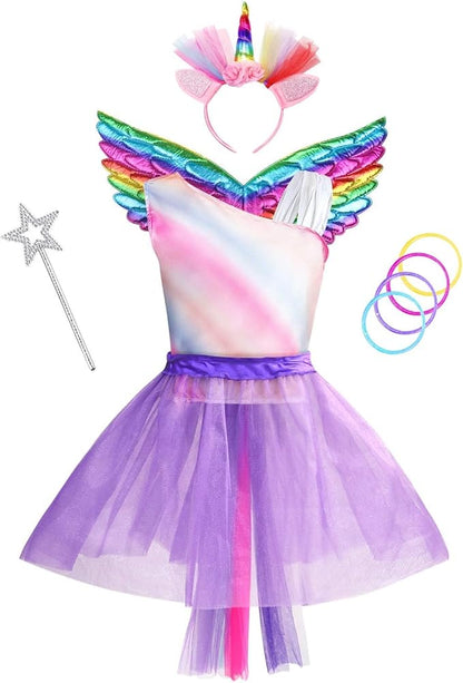 Jeowoqao Girls Princess Dress up Trunk Set 19 Pcs, Girls Rainbow Costume Set, Toddler Girls Dress up Clothes Pretend Play Costumes Set for Little Girl Ages 3 4 5 6