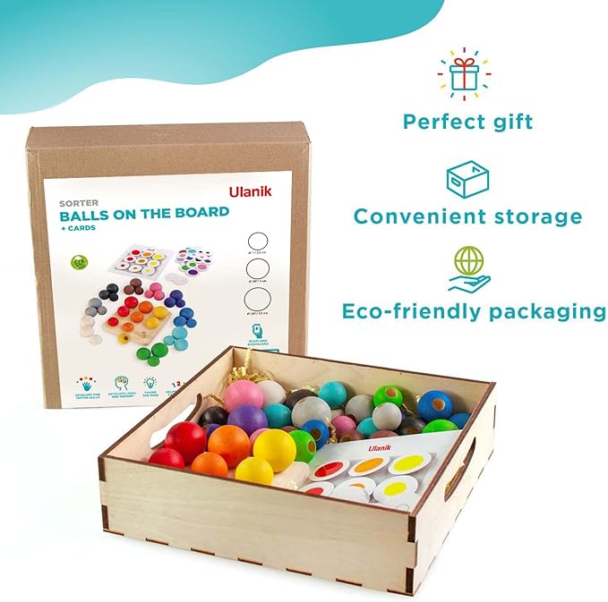 Ulanik Balls on Board Toddler Montessori Toys for 3 Year Old + Kids Wooden Peg Sorter Game for Learning Color Sorting and Counting Preschool Education — 36 pcs