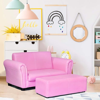 Costzon Kids Couch with Footstool, 2 in 1 Double Seat Children's Sofa w/PU Leather Surface, Armrest Chair Lounge, Soft Kids Sofa for Preschool Bedroom Kids Room Toddlers Boys Girls Birthday (Pink)