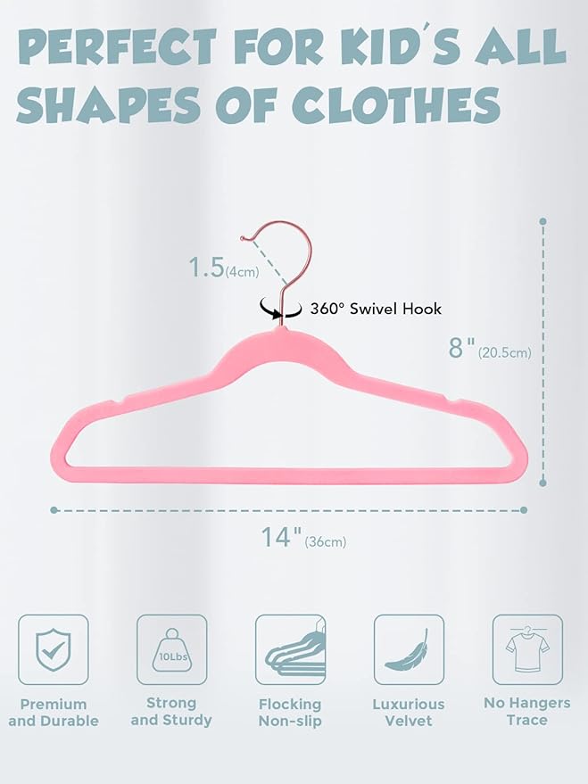 Smartor Kids Velvet Hangers 50 Pack, 14'' Inch Premium Non Slip Kids Felt Hangers for Closet, Space Saving Toddler Clothes Hanger for Youth's Childrens' Clothes (Rose Gold Hook)- Pink