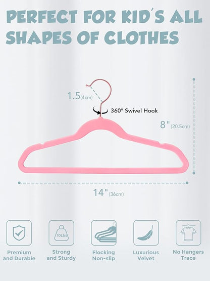 Smartor Kids Velvet Hangers 50 Pack, 14'' Inch Premium Non Slip Kids Felt Hangers for Closet, Space Saving Toddler Clothes Hanger for Youth's Childrens' Clothes (Rose Gold Hook)- Pink