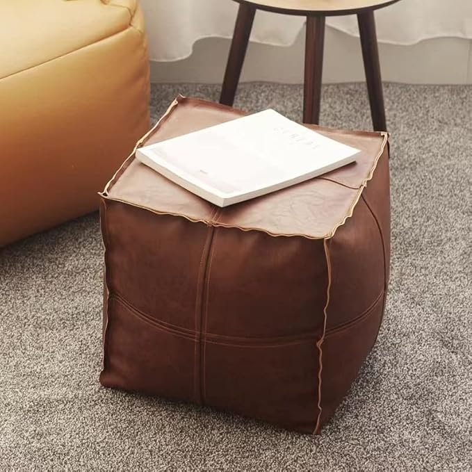 Louis Donné 18 inch Unstuffed Pouf Ottoman Faux Leather Pouffe Floor Chair Waterproof Foot Rest for Living Rooms Bedrooms & Kids Room or House Warming & Wedding Gifts (Brown Coffee, Square)Only Cover