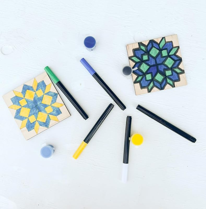 Set of 4 Unfinished Barn Quilt Square Wooden Sign, Spring Country Decor Canvas Quilts Blocks (3 inches, Large Flower)