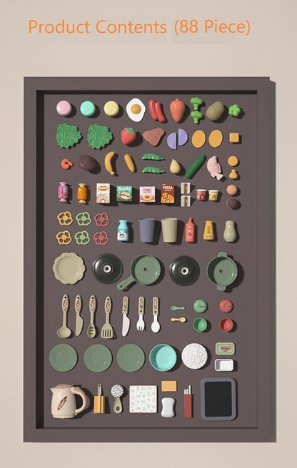 Serena & Jewel Kit for - Kitchen Playset Pretend Food - Toy Accessories Set w/Real Sounds & Light, Play Sink, Cooking Stove with Efflunent,88 PCS for Toddlers Kids, Girls & Boys（3-10 Years） (Orange)