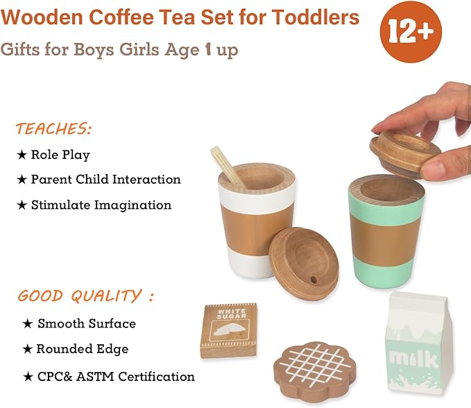 Pretend Play Coffee Cup Toys,Wooden Play Kitchen Accessories,Fake Food Play for Kids Kitchen,Educational Toy for Toddler Children Birthday Gift