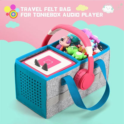 PISOSN Carrying Case for Toniebox Starter Set and Tonies Figurines, Travel Felt Cloth Musical Toy Folding Bag for Toniebox 2 & Accessories (Blue)