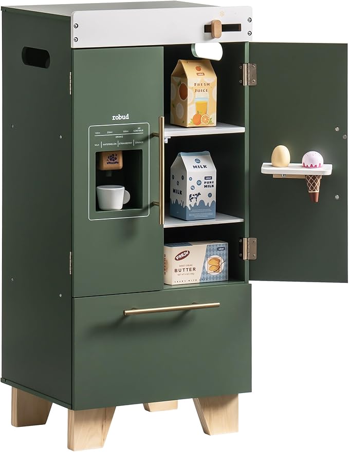 ROBUD Kids Play Kitchen - Vintage Green Refrigerator for Kids Kitchen Playset with Accessories - Pretend Toddlers' Kitchen Toy Fridge - Perfect Baby Gift for Ages 3-8