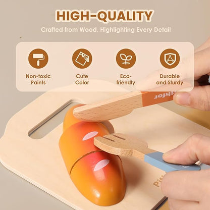 Picnic Playset, Wooden Play Food Set for Kids Kitchen, Cutting Pretend Play Kitchen Food Toy for Toddlers Girls Boys 1 2 3 4 5 Years Old