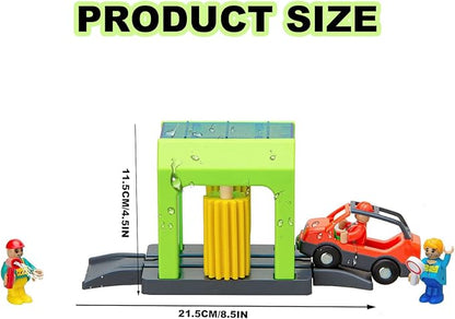 Car Wash Station Playset Toy for Wooden Train Track,Creative City Washer Scenes Pretend Play Toy Vehicles Train Accessory Preschool Learning Educational Toys for Toddlers Kids