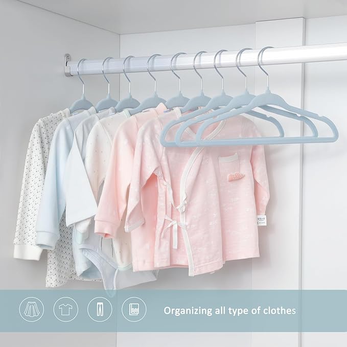 ManGotree Velvet Baby Clothes Hangers, Baby Toddler Kids Hangers with Swivel Hook, Notched Shoulder Design for Kids and Children Clothes (30 Pack, Blue)