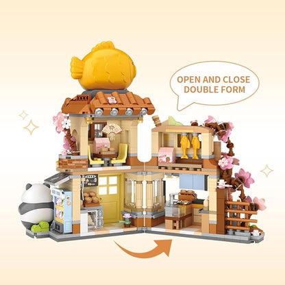 Panda Street Scene Building Kit, Openable Taiyaki Shop Building Set for Boys Girls Age 8+,858pcs Mini Bricks