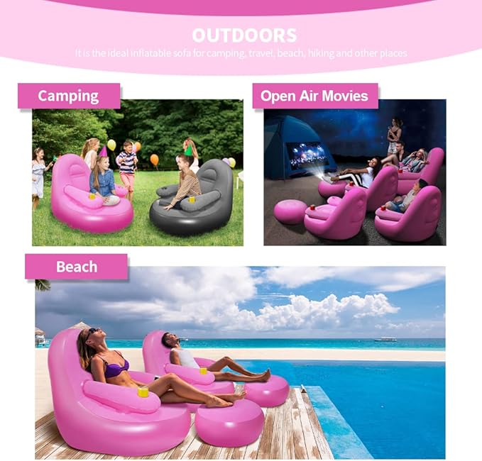 Nevife Inflatable Lounge Chair with Ottoman & Cup Holder, Portable Blow Up Sofa, Air Chaise Lounge,Lazy Couch for Camping,Gaming,Lunch Break,Garden,Party,Enjoy Sunbathing (Pump Not Incl.)-Pink