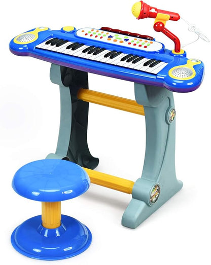 Costzon 37-Key Kids Piano Keyboard Toy, Toddler Electronic Musical Instrument Educational Toy w/Microphone, Multiple Sounds, Record Playback, Lights & Stool, Birthday Gift for Girls Boys Age 3+, Blue
