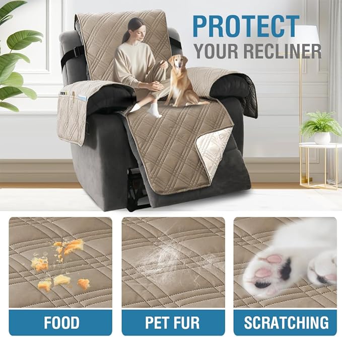 H.VERSAILTEX 100% Waterproof Cover for Recliner Chair 1-Piece Reversible Recliner Covers for Large Recliner with Elastic Straps Sitting Width Up to 28" (Oversized Recliner, Taupe/Beige)