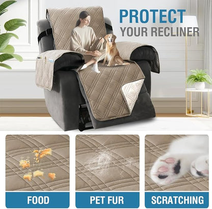 H.VERSAILTEX 100% Waterproof Cover for Recliner Chair 1-Piece Reversible Recliner Covers for Large Recliner with Elastic Straps Sitting Width Up to 28" (Oversized Recliner, Taupe/Beige)