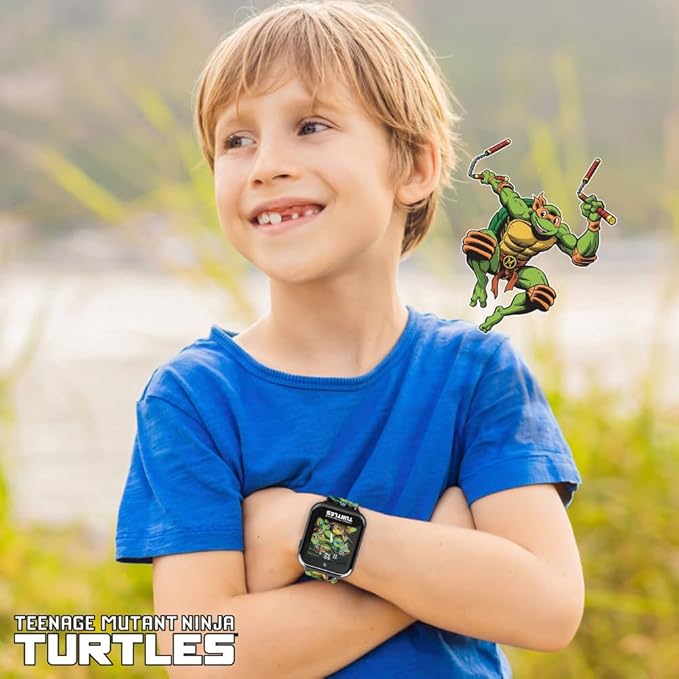 Accutime Teenage Mutant Ninja Turtles Kids Smart Watch with Touchscreen, 10 Customizable Faces, Camera, Step Counter, Calculator, Timer, and Alarm – Fun Interactive Learning for Boys and Girls
