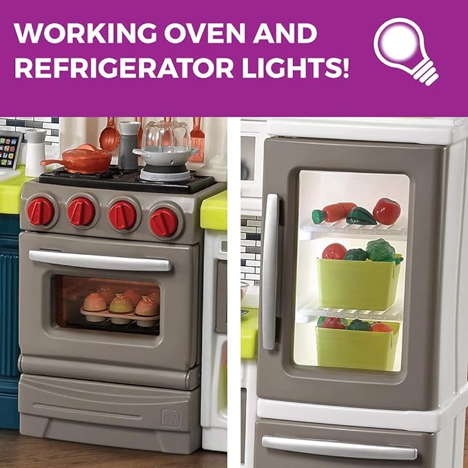 Step2 Elegant Edge Kids Kitchen Playset, Indoor/Outdoor Kitchenette, Interactive Play with Lights and Sounds, Made of Durable Plastic, Includes 78 Piece Toy Accessories, For Toddlers 3+ Years Old