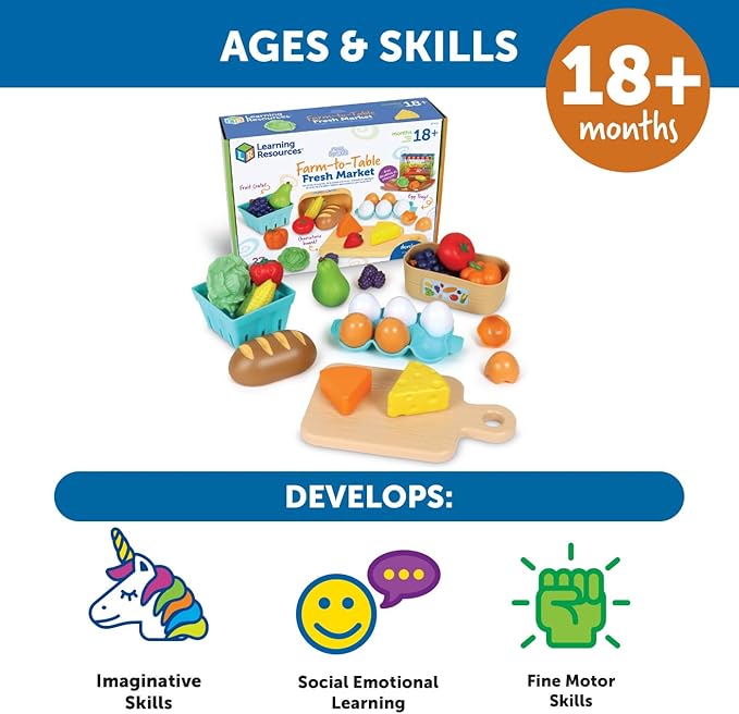 Learning Resources New Sprouts Farm-to-Table Fresh Market, 27 Pieces, Ages 18 Months+, Play Food for Kids Kicthens, Grocery Store Pretend Play, Play Kitchen Accessories