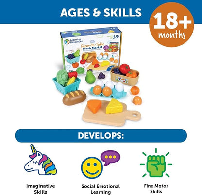 Learning Resources New Sprouts Farm-to-Table Fresh Market, 27 Pieces, Ages 18 Months+, Play Food for Kids Kicthens, Grocery Store Pretend Play, Play Kitchen Accessories