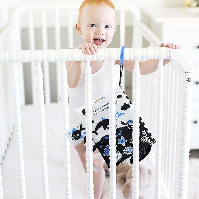 OKOOKO Soft Baby Book Black and White High Contrast Marine Animals Tails Book Bath Book Montessori Sensory Stroller Toy Non-Toxic Crinkle Washable Early Education for Baby Infant Toddler