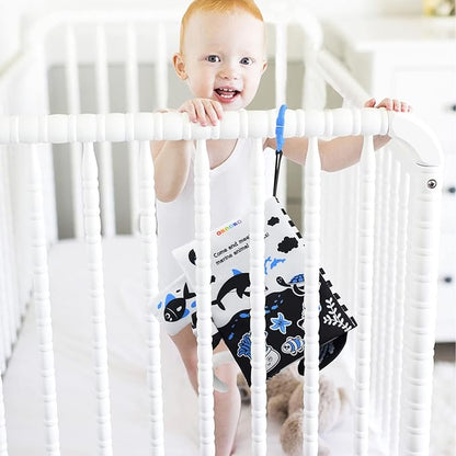 OKOOKO Soft Baby Book Black and White High Contrast Marine Animals Tails Book Bath Book Montessori Sensory Stroller Toy Non-Toxic Crinkle Washable Early Education for Baby Infant Toddler
