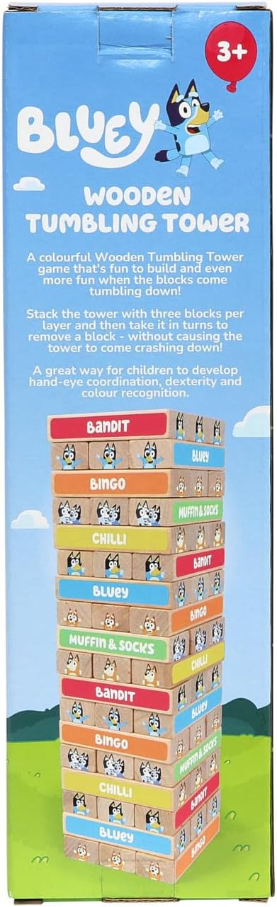 Bluey Tumbling Tower – 54 Colorful Wooden Blocks – Fun Family Game – FSC Certified for Children 3 Years and Up