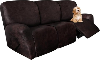 molasofa Recliner Sofa Covers - 8 Pieces Stretch Leather Like Large Couch Covers for 3 Seats Reclining Slipcovers Soft Jacquard Pattern Furniture Protector with Elastic Bottom (Chocolate)
