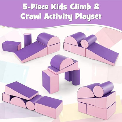 HONEY JOY 5-Piece Climb and Crawl Playset, Soft Climbing Foam Block Activity Play Structure Gym Equipment for Infant Baby, Color Coordination, Waterproof Indoor Climbing Toys for Toddlers (Purple)