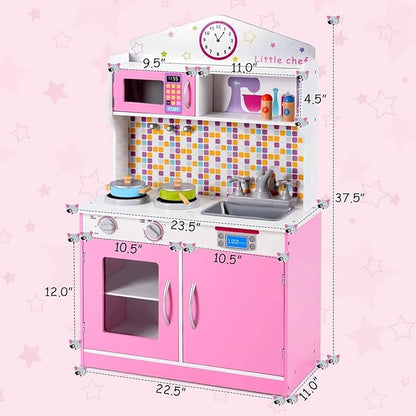 OLAKIDS Kids Kitchen Playset, Wooden Play Kitchen for Toddlers with Real Sounds, Stove Microwave Oven Sink Faucet, Large Storage Cabinet, Pretend Play Toys Cooking Gift for Boys Girls (Pink)