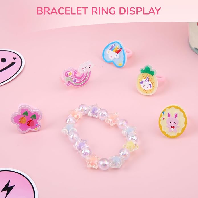 Little Girl Jewel Rings, Adjustable Pink Rings Girls Kids Pretend Play and Dress up Jewelry Set, Cute Rings with Display Case Party Favors Toys Gifts