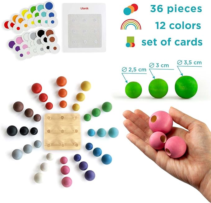 Ulanik Balls on Board Toddler Montessori Toys for 3 Year Old + Kids Wooden Peg Sorter Game for Learning Color Sorting and Counting Preschool Education — 36 pcs