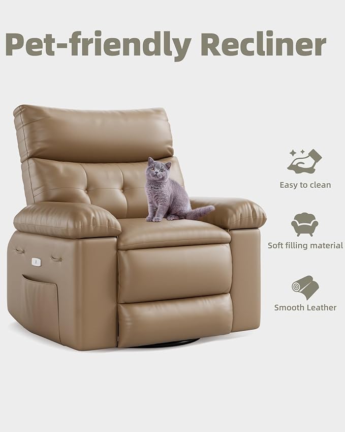 Electric Recliner Chair - 360° Rocker Swivel Recliner with Heat and Massage, PU Leather Large Power Recliner for Adults, Comfortable Lazy Chair with 1.5X Sponge Filling for Living Room, Tan