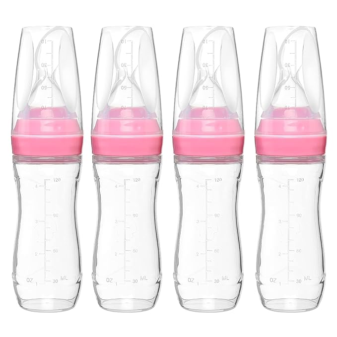 4 oz Silicone Baby Food Dispensing Spoon - 4 Pack - Great for 4+ Month Infants - Includes Stopper - Easy to Use and Mess-Free - Precise Food-Release Feeder - Great for Travel (Pink