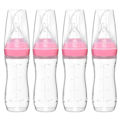 4 oz Silicone Baby Food Dispensing Spoon - 4 Pack - Great for 4+ Month Infants - Includes Stopper - Easy to Use and Mess-Free - Precise Food-Release Feeder - Great for Travel (Pink