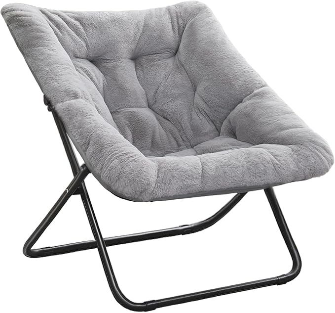 Tiita Comfy Saucer Chair, Soft Faux Fur Oversized Folding Accent Chair, Lounge Lazy Chair for Kids Teens Adults, Metal Frame Moon Chair for Bedroom, Living Room, Dorm Rooms, X-Large, Grey